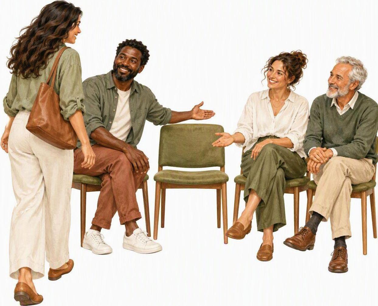 Personas conversan en círculo, en una escena de bienvenida y participación.
